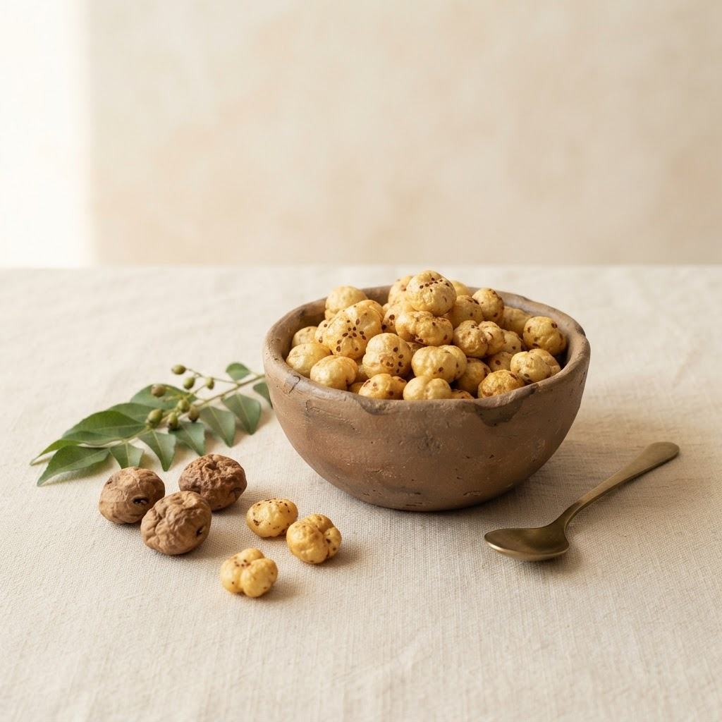 Roasted makhana in a terracotta bowl